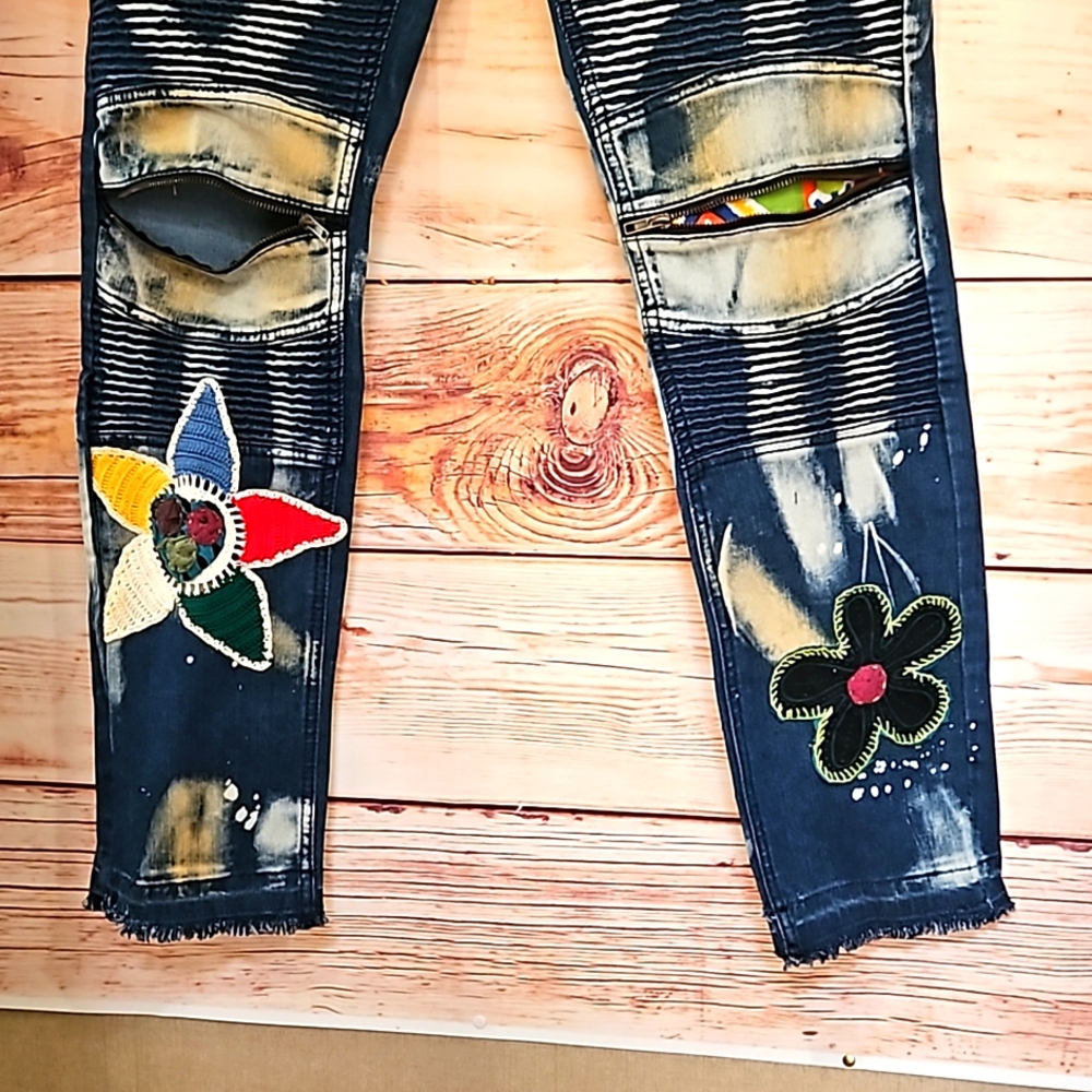 HANDMADE~EMBELLISHED "One Kind Denim" Bleached, Patched, Embroidered HIPPIE Jean - Picture 3 of 12